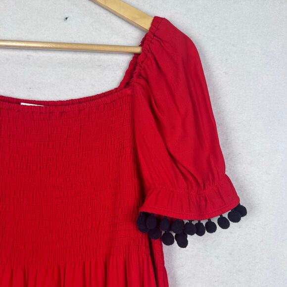 STS Sail to Sable Red SMOCKED FLUTTER SLEEVE Pom Pom Mini DRESS L PREPPY - Picture 7 of 12